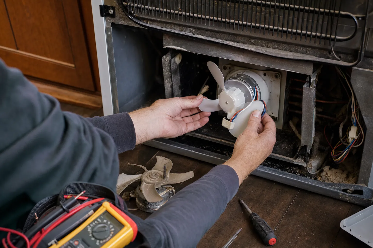 Hands holding a new condenser fan and motor beside the worn one just taken out of a refrigerator