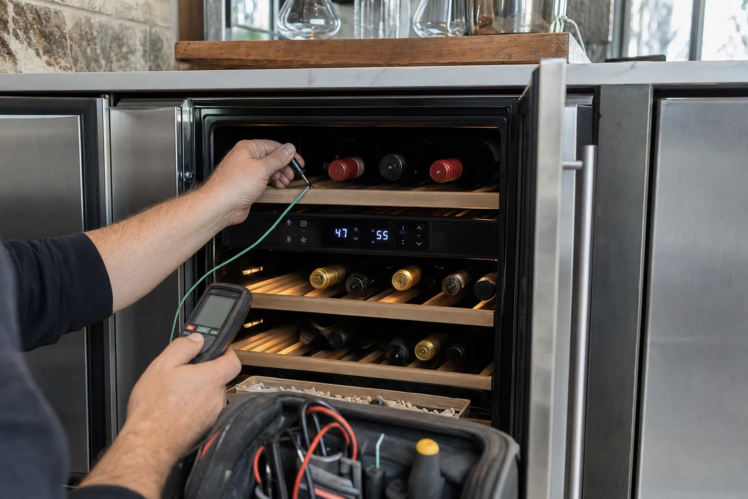 Thermometer probe laid in an open dual-zone wine cooler, the panel reading 47 and 55 degrees