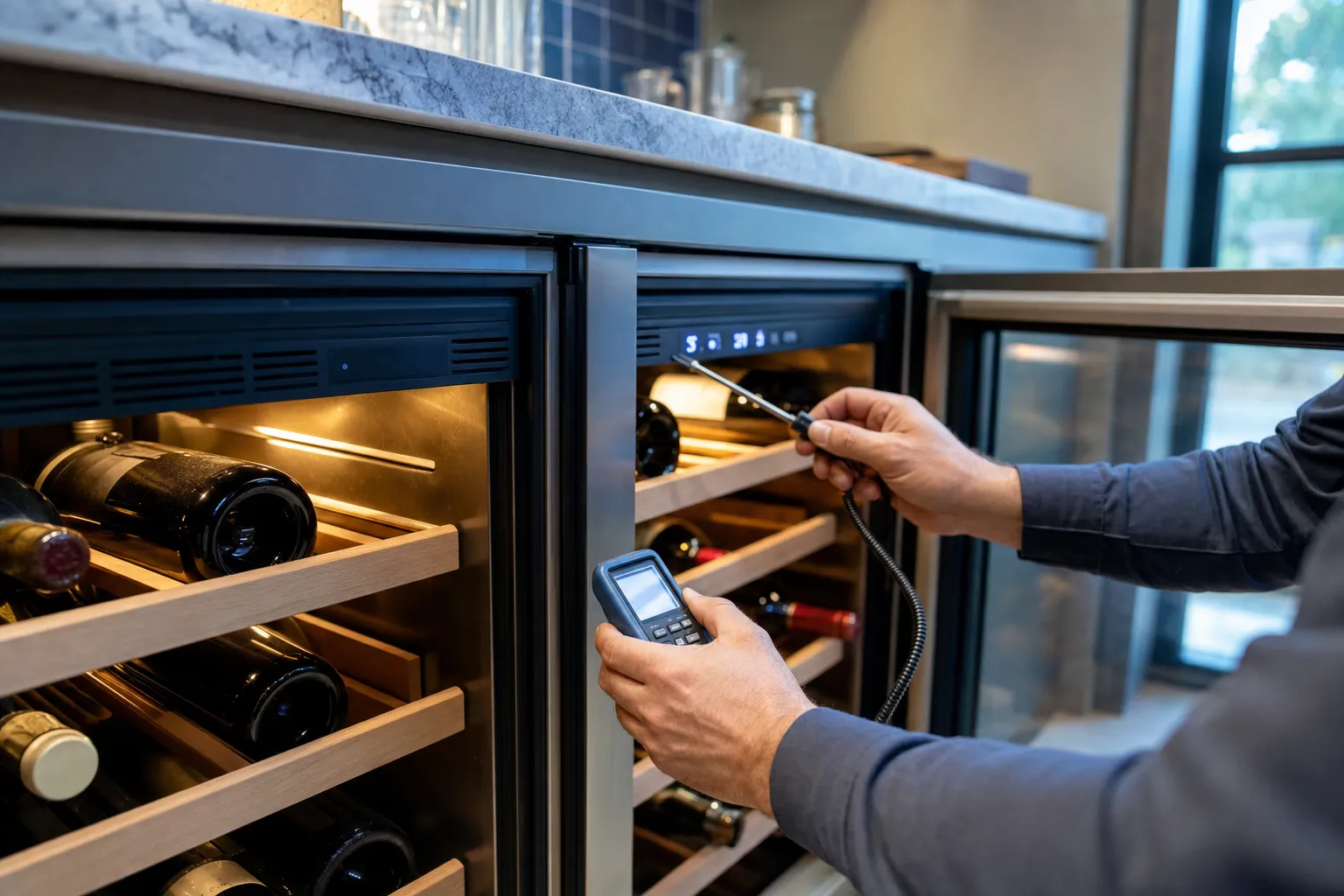 Two undercounter wine units side by side under a stone top, a probe held among the bottles of one while a handheld meter reads it