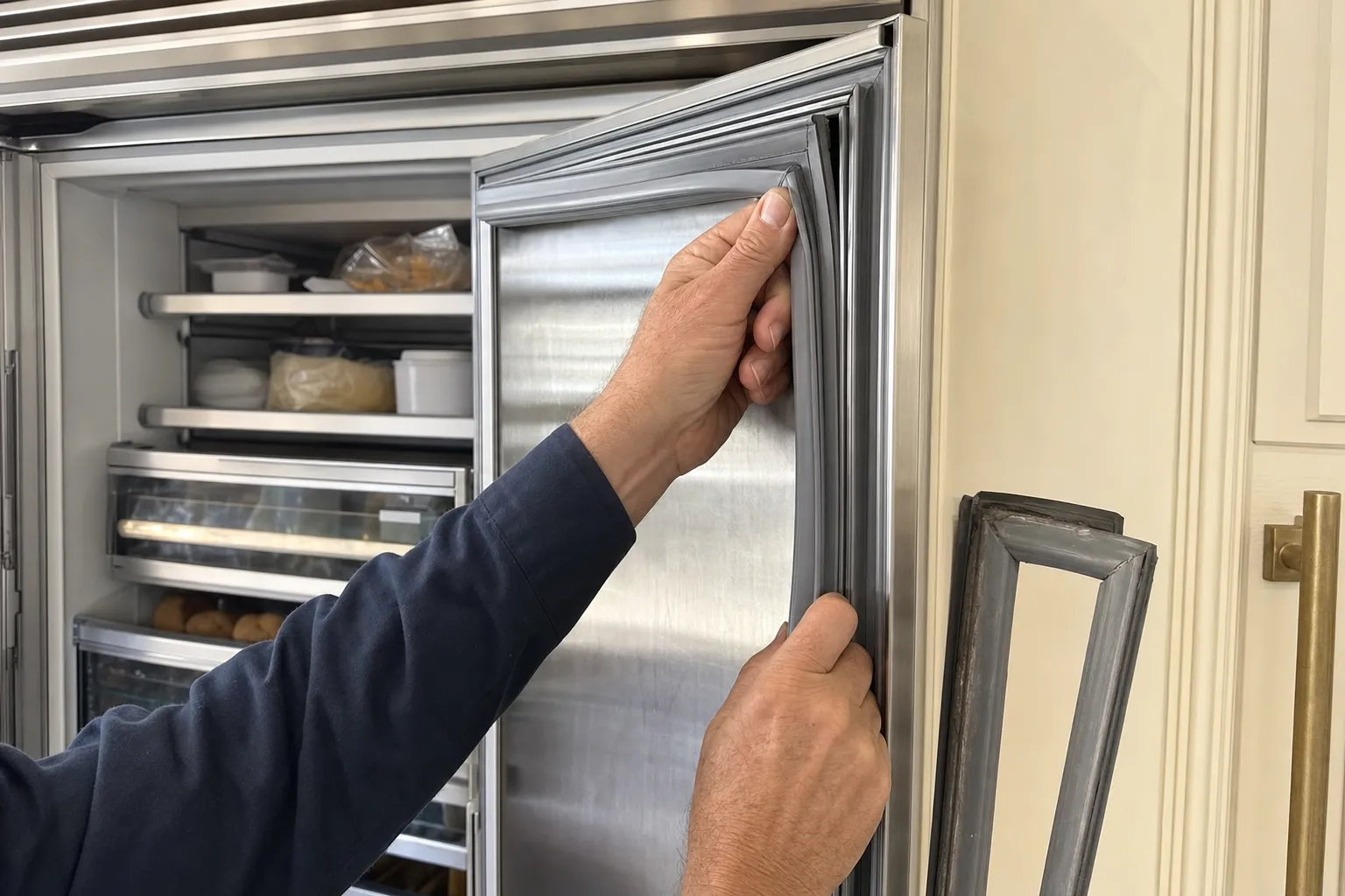 New gasket being pressed into the door channel of an open stainless built-in, the old gasket leaning against the cabinetry