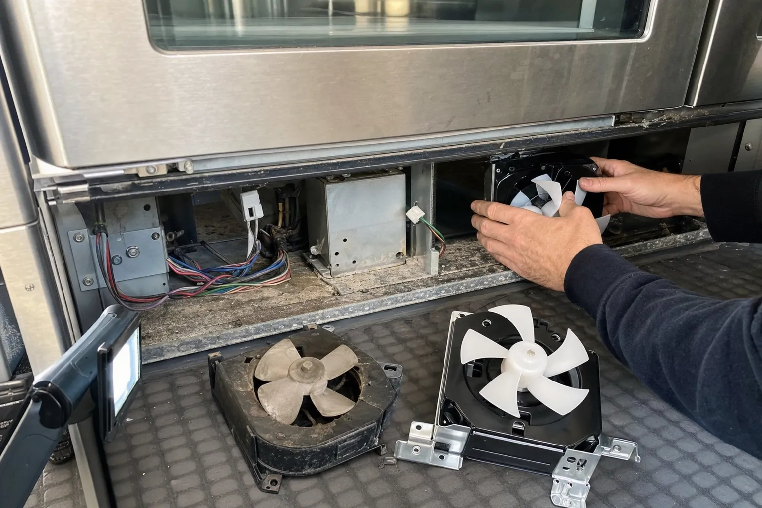 New fan assembly being fitted into the open lower compartment below a glass-fronted stainless door, the dust-caked old fan on the mat